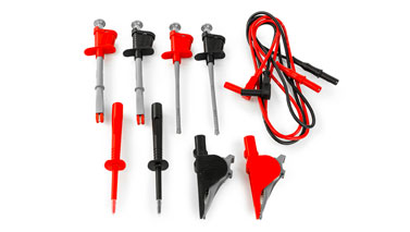 44100: JUEGO DE 2 CABLES BANANA-BANANA 4MM, 2 PUNTAS 402-IECN+R, 2 TERMINALES DE COCODRILO 6009-IECN+R + 2 TERMINALES LARGOS DE PINZA Y UN JUEGO DE COCODRILOS ITMPPDCC